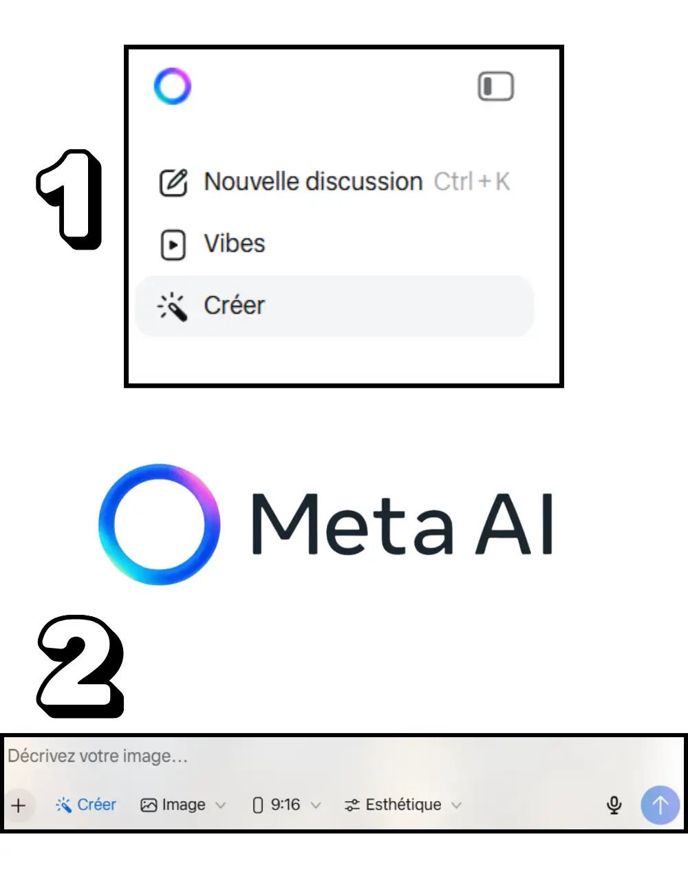 Menu et commandes Meta AI